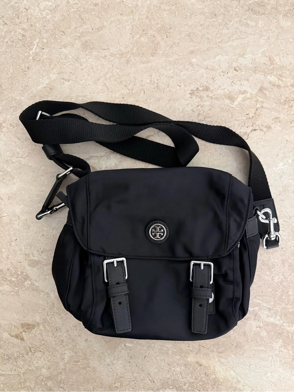 Tory Burch Black Nylon Messenger Crossbody Bag with Silver Hardware